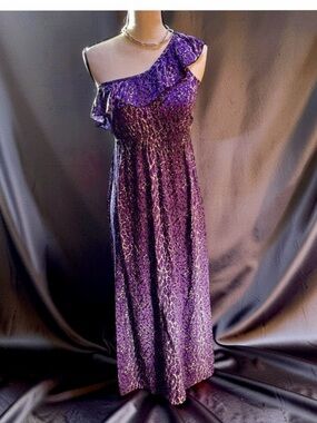 Vintage Purple & black,elegant one shoulder flowy Maxi Dress
